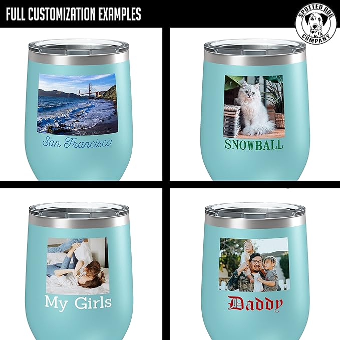 Personalized Mothers Day 12oz Photo Printed Insulated Stainless Steel Powder Coated Stemless Wine Tumbler with Lid, Customized Mum Gift Idea for Her, Custom Mom Coach Gifts Team Mom Dad (Teal)