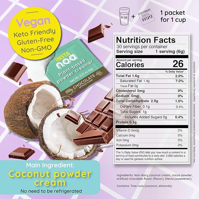 NOA Plant-Based Powder Creamer - Dairy-Free Coconut & Chocolate Falvor - No Sugar, Vegan, Keto-Friendly, Instant Non-Dairy Coffee Enhancer, 30 Sachets of 6g
