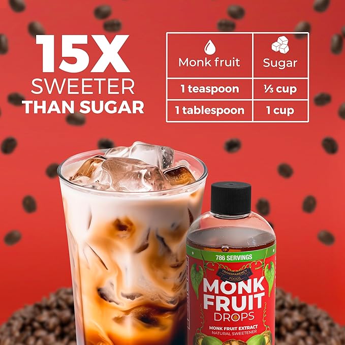 100% Pure Monk Fruit Extract (6 Drops = 1 Tsp of Sugar) Zero Calories, Non-GMO, No Fillers - Liquid Monk Fruit Sweetener No Erythritol by Transparency Foods NEW FORMULA (8oz, 786 servings)