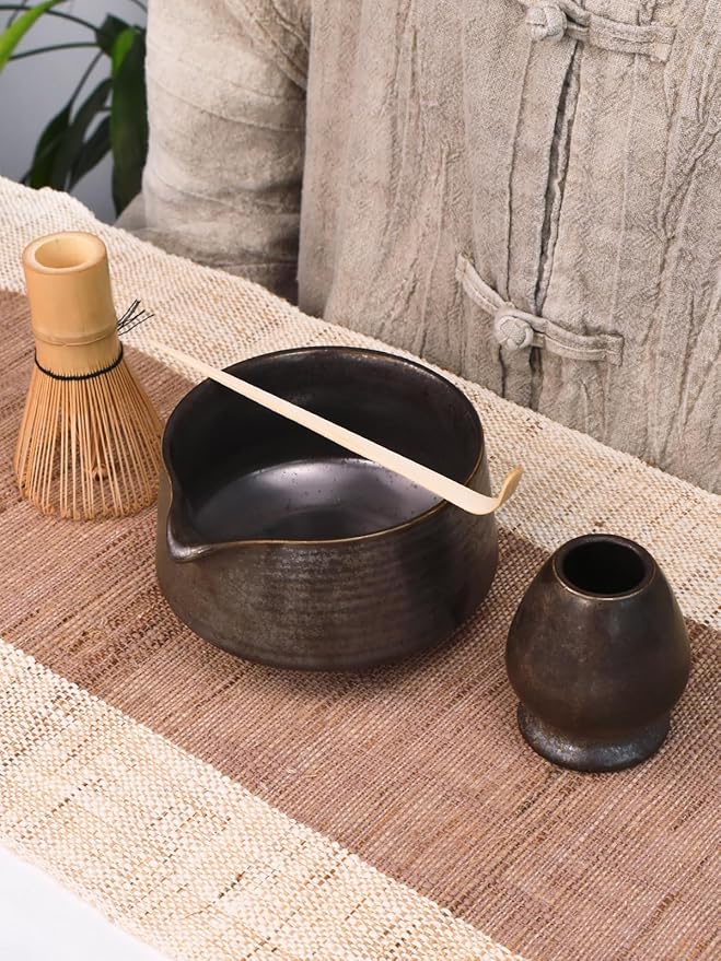 Artcome Matcha Tool Set - Complete Kit with Matcha Bowl with Spout, Bamboo Whisk, Tea Scoop & Whisk Holder, Antique Finish