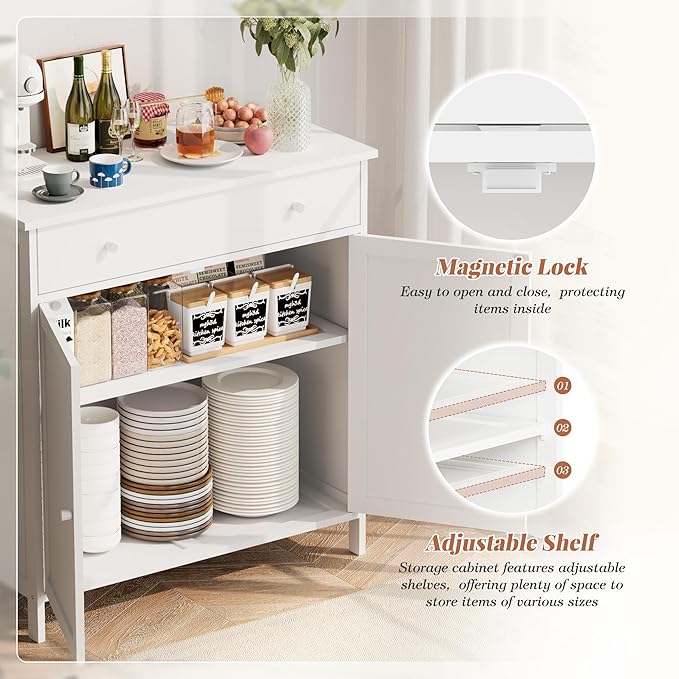 Crownland 31" Sideboard Buffet Cabinet with Drawer, 2-Door Kitchen Storage Cabinet with Adjustable Shelves, Modern Farmhouse Sideboard, Coffee Bar for Dining Living Room(White)