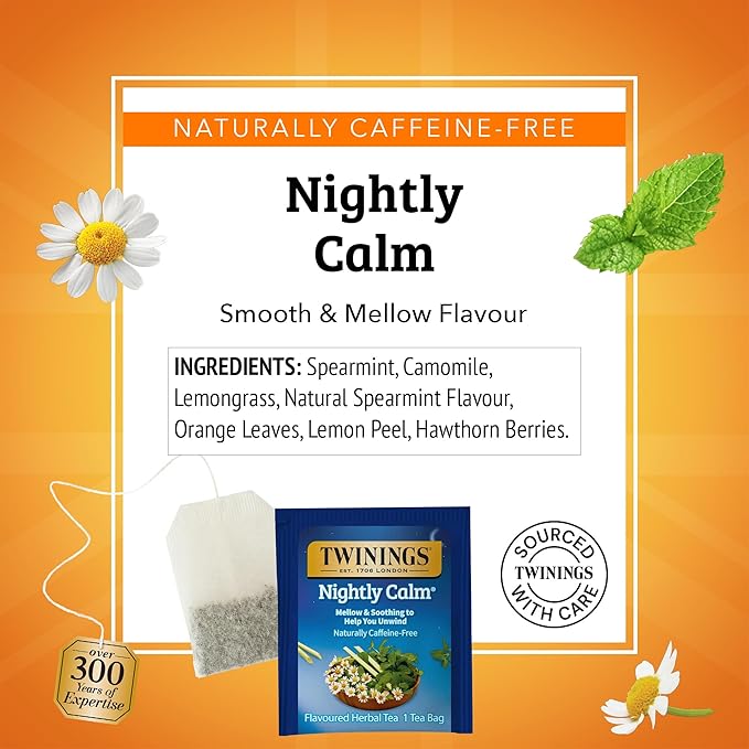 Twinings Nightly Calm Herbal Tea Individually Wrapped Bags, 20 Count (Pack of 1), Spearmint & Lemongrass, Naturally Caffeine-Free, Enjoy Hot or Iced, 20 Teabags