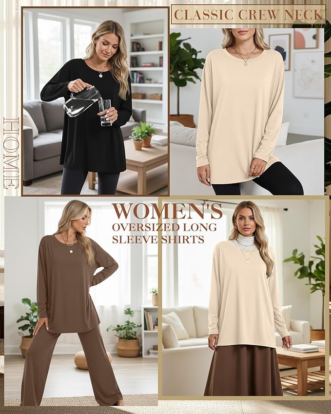 Ficerd 3 Pack Women's Oversized Long Sleeve Shirts Cotton Gym Round Neck Tops Loose Fit Casual Workout Baggy Fall Basic Tee