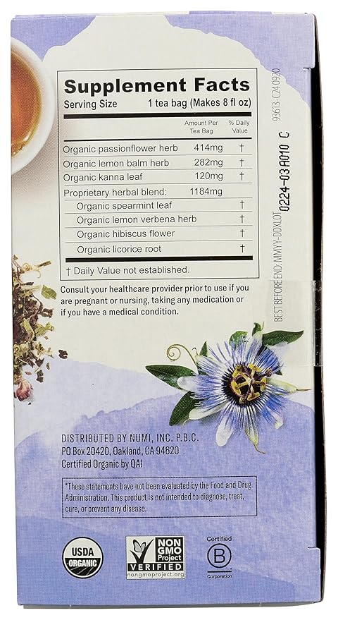 Numi Organic De-Stress Tea Bags, 16 Tea Bags, Passionflower, Lemon Balm, and Kanna, Caffeine Free
