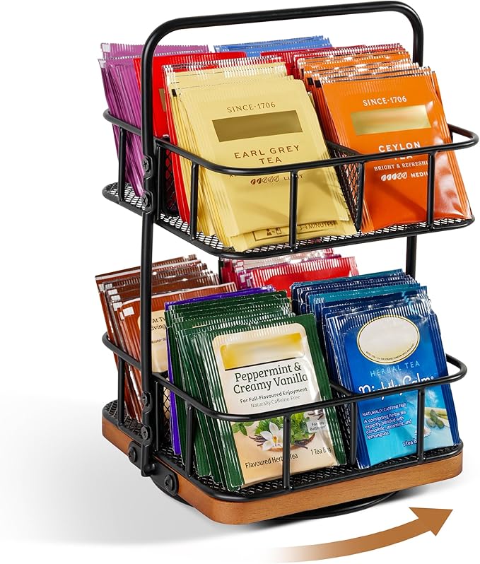 Rotation 2 Tier Tea Bag Organizer, Iron Art Tea Organizers, Acacia Wood Stand Teabag Holder with Handle Easy to Move and 8 Basket Tea Caddy for Tea Bags Organizer for Pantry, Kitchen, Gift Giving