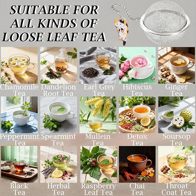 Cat Tea Infuser Set, 4-Pack Stainless Steel Loose Leaf Tea Balls with Cute Alloy Cat Charm Pendant, Reusable Strainer for Cold Brew, Gift for Tea Lovers (Black & Gray & White & Calico)
