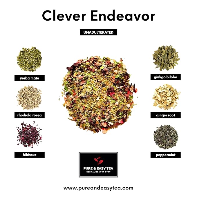 Pure And Easy Tea, Clever Endeavor, Mental Focus & Clarity Tea, Caffeinated Loose Leaf Blend with Ginkgo Biloba & Yerba Mate (100g)