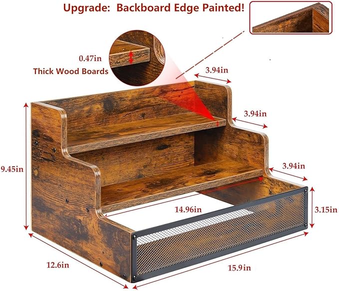 3 Step Countertop Liquor Bottle Display Shelf, Wood Bar Shelves 12 Bottles with Fences, Freestanding Storage Shelves for Liquor Whiskey Wine Coffee Syrup Display, Retro Wine Rack Home (Patent Pending)