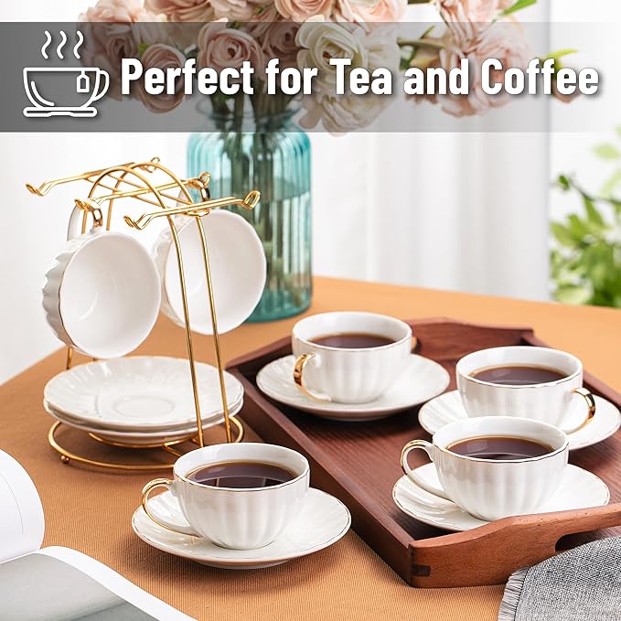 BTaT- White Tea Cups and Saucers with Gift Box, 7oz, Set of 6 Tea Cups Set of 6 with Gold Rim, Christmas Gifts