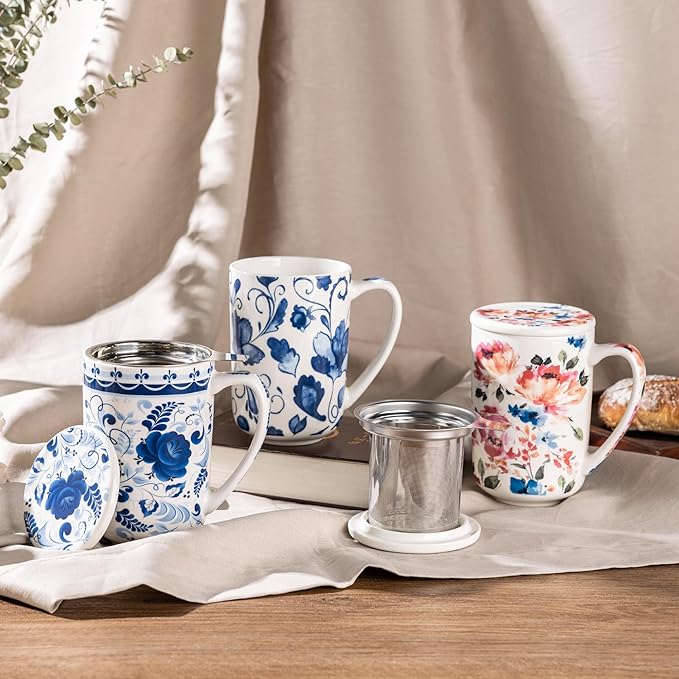 GBhome Tea Mug with Infuser and Lid, 18 Ounce Large Ceramic Loose Leaf Cup, Microwave, Dishwasher Safe