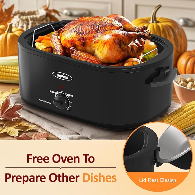 Sunvivi Electric Roaster, 24 Quart Electric Roaster Oven with Self-Basting Lid, Turkey Roaster Oven Buffet with Removable Pan, Cool-Touch Handles, Black