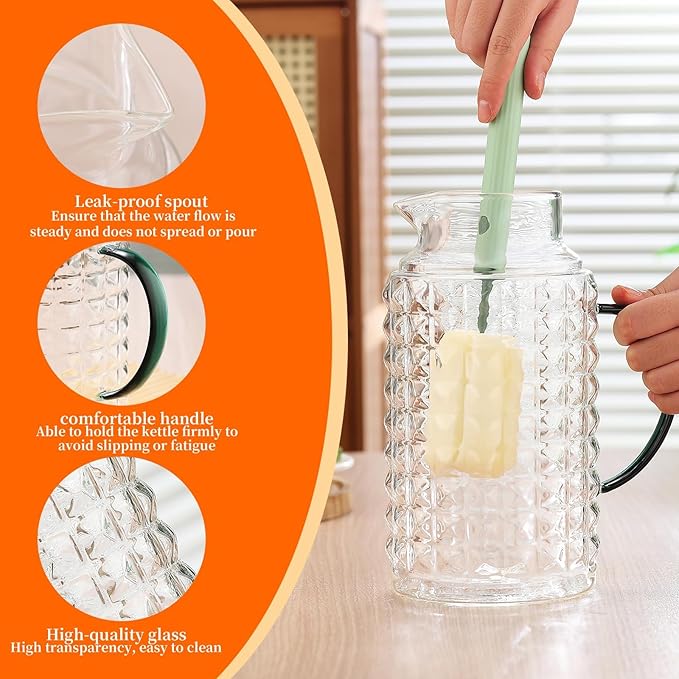 2 Pack 68oz/2L Glass Pitchers with Lids - Borosilicate Heat Resistant, Water Pitcher with Green Handle for Fridge, Iced Tea, Cold Brew & Lemonade - Home Kitchen Essential