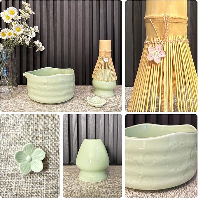 Matcha Whisk Set––7pcs Japanese Matcha Set Kit with Matcha Bowl, Bamboo Whisk, Whisk Holder, Scoop, Towel&Sifter–Perfect for Matcha Lovers&Tea Ceremonies-Daisy Green