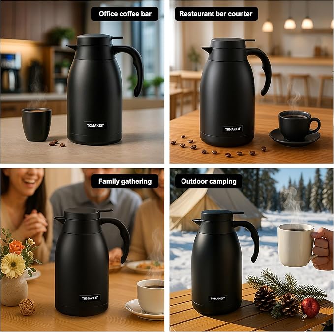 Thermal Coffee Carafe 2L/68 Oz Double-Wall Vacuum 304 Stainless Steel Insulated Thermoses Flask, 24-Hour Keeps Hot/Cold, Leak-Proof, for Travel, Work, Outdoor, BPA-Free, Easy to Clean