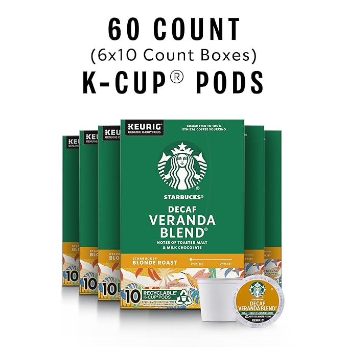 Starbucks K-Cup Coffee Pods, Starbucks Blonde Roast Hot or Iced Coffee, Decaf Veranda Blend, 60 Keurig Pods