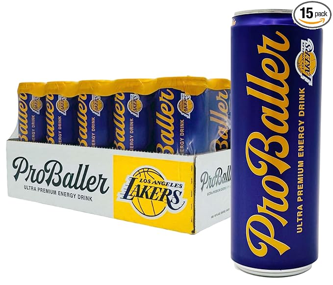 ProBaller Ultra Premium Energy Drink - Natural Clean NSF Certified Sport Drink with Amino Acids, Taurine, Biotin, Organic Agave, Vitamin B 12 Methylcobalamin, & Electrolytes - 15 Pack - Lakers Edition