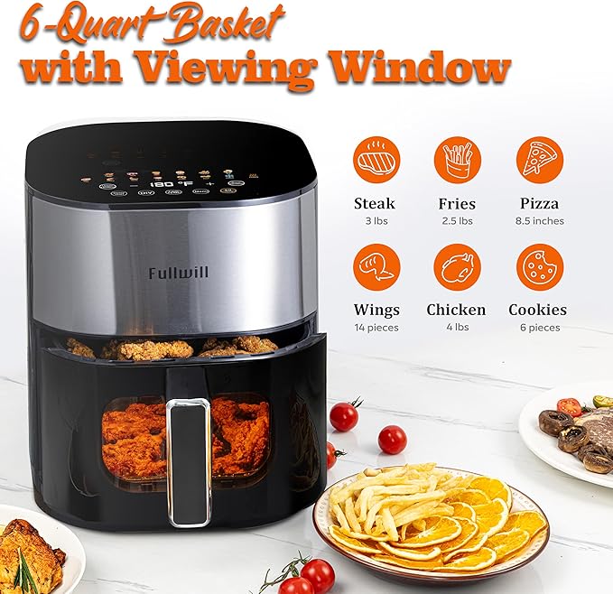 Fullwill Vision Pro 6QT Air Fryer with Large Square Viewing Window,Base and Upper Heating,12 Presets for Chicken Wings,Steak,Fries,Pizza and More,Non-Stick and PFOA-Free,Fast and Oil Free Cooking