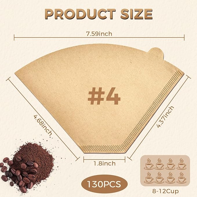130 Count #4 Cone Coffee Filters 8-12 Cup, Unbleached Natural Paper, Disposable coffee filters 4 cone paper, Filters Paper Compatible with Ninja Coffee Filters, Pour Over and Drip Coffee Maker