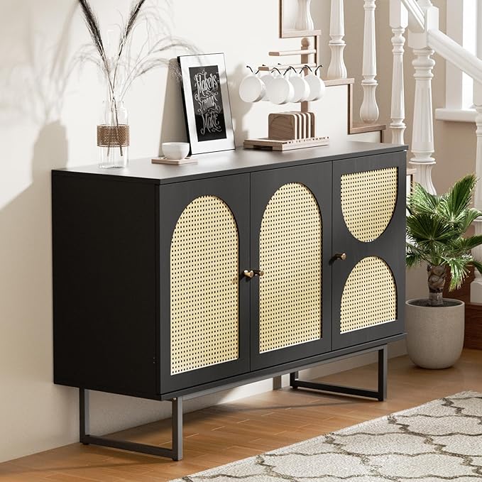 Sideboard Buffet Cabinet with Rattan Doors, Sideboard Cabinet with Metal Legs for Living Room, Hallway, Entryway (Black, 3 Doors)