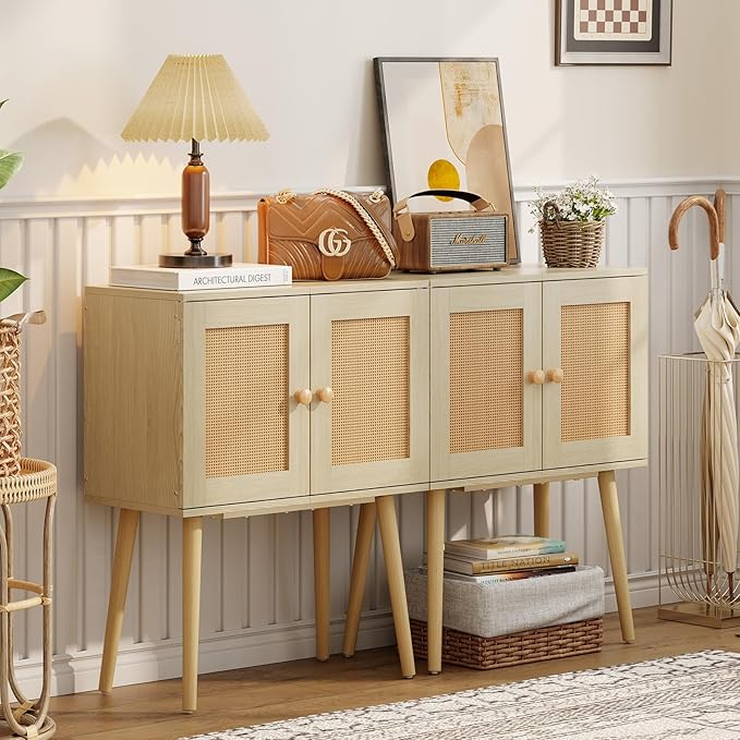 Sideboard Buffet Kitchen Storage Cabinet , Small Coffee Bar Cabinet with Rattan Doors and Tall Solid Wood Legs, Boho Accent Media Console Credenza Cabinet for Entryway,Living Room,Kitchen, Small Space