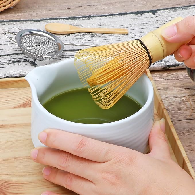 Accguan Matcha Whisk Set, 7pcs - Bamboo & Ceramic, Includes 19 oz Bowl, Whisk, Spoons, Holder, Sifter & More - Perfect for Matcha Lovers