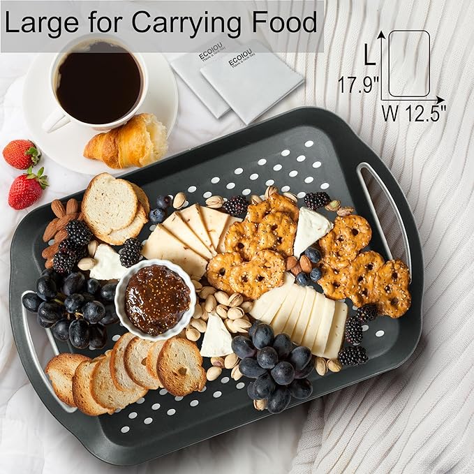 Larger Nonslip Food Serving Tray, 17.9'' x 12'' Grippy Handles Surface Bottom Design, Perfect Trays for Eating, Lap, TV, Couch, Black, Set of 2
