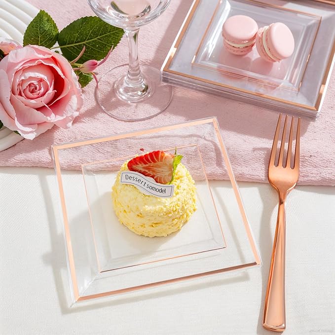 bUCLA 100 Pieces Clear Rose Gold Square Plastic Plates - 6 Inch Clear Plastic Dessert/Cake Plates with Rose Gold Trim Disposable - Ideal for Party, Wedding, Mother's Day & Valentine's Day