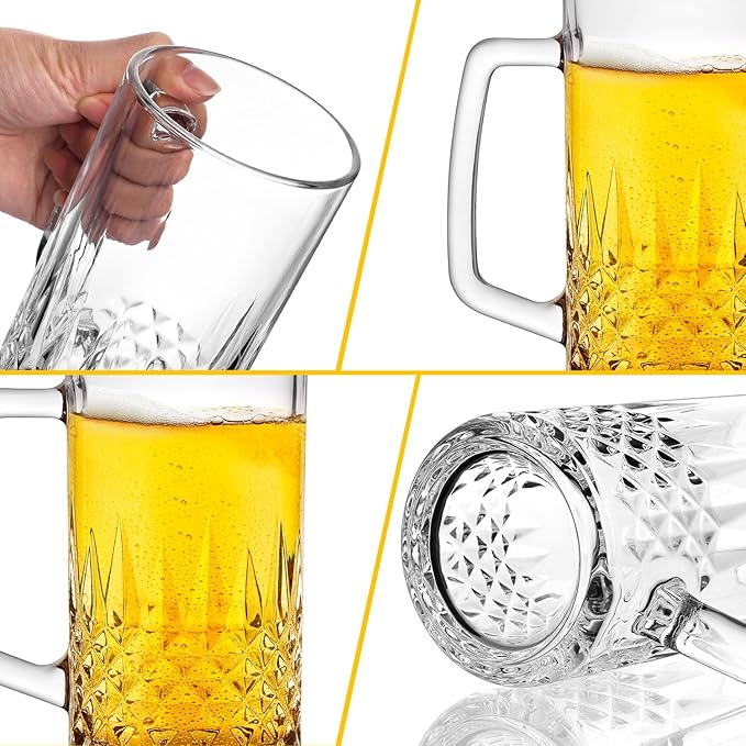 Beer Mug Set of 2, 20oz Crystal Beer Glasses with Handle, Glass Beer Mugs for Freezer, Gifts for Men