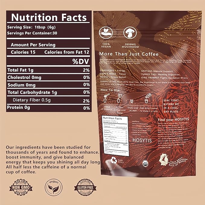 Mushroom Coffee With Lion's Mane, Reishi, Cordyceps, Shiitake, King Trumpet & Turkey Tail Everyday Dose (60 Servings) Premium Instant Coffee for Better Focus, Energy（12.7 Ounce Pack of 360g）