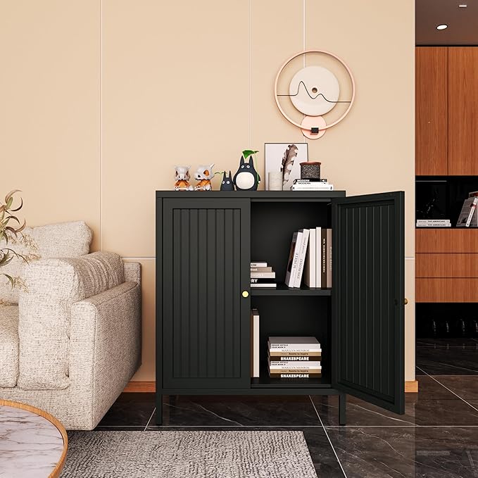 Small 2 Transparent Door Metal Storage Side Buffet Cabinet for Bed Room,Living Room,Entryway,Hallway,Home,Hotel,Office,Garage,Kitchen,1 Removable Shelf. (Striped Door, Black)