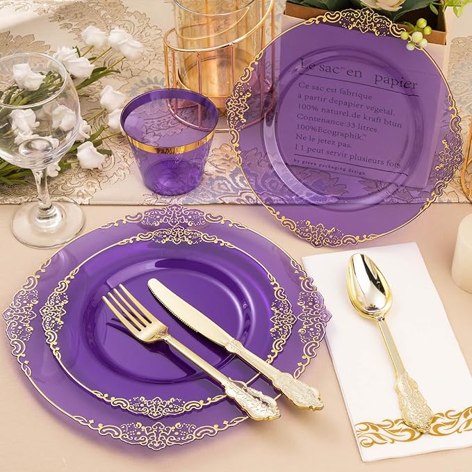 175PCS Clear Purple Plastic Plates for 25 Guests, Disposable Plates with Gold Trim include 25 Dinner Plates, 25 Dessert Plates, 75 Gold Silverware, 25 Cups, 25 Napkins for Party, Wedding
