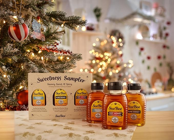 Sue Bee® Sweetness Sampler – 3 Pack Honey Gift Set | Original, Hot & Sea Salt | Pure U.S. Farmed™ Certified | Gourmet Gift Set for Foodies, Cooking, Tea, Charcuterie & Holiday Gifting 8 Oz (Pack of 3)