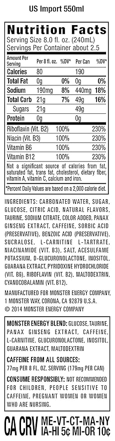 Monster Energy Import, Energy Drink, 18.6 Ounce (Pack of 12)