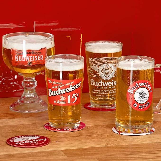 Budweiser 4 Beer Glass and Coaster Deluxe Gift Set
