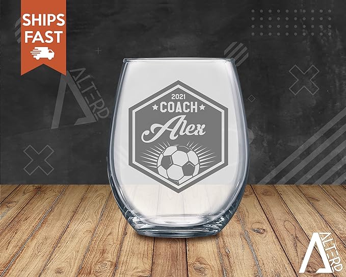Soccer Coach Beer Glasses - Soccer Coach Gifts Personalized Coach Pint Glass Engraved Coach Award Soccer Beer Glass End of Season Gifts Coach (Soccer, Stemless Wine Glass Gift Box)