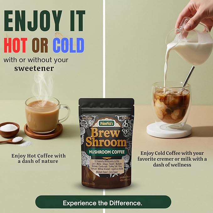 PrimePick's Brewshroom 10 in 1 Mushroom Coffee with 2000mg Adaptogenic Mushrooms, Instant, Arabica Medium Roast, Gluten-Free, Jitter-Free, No Added Sugar, Supports Gut Health & Immunity - 5 oz