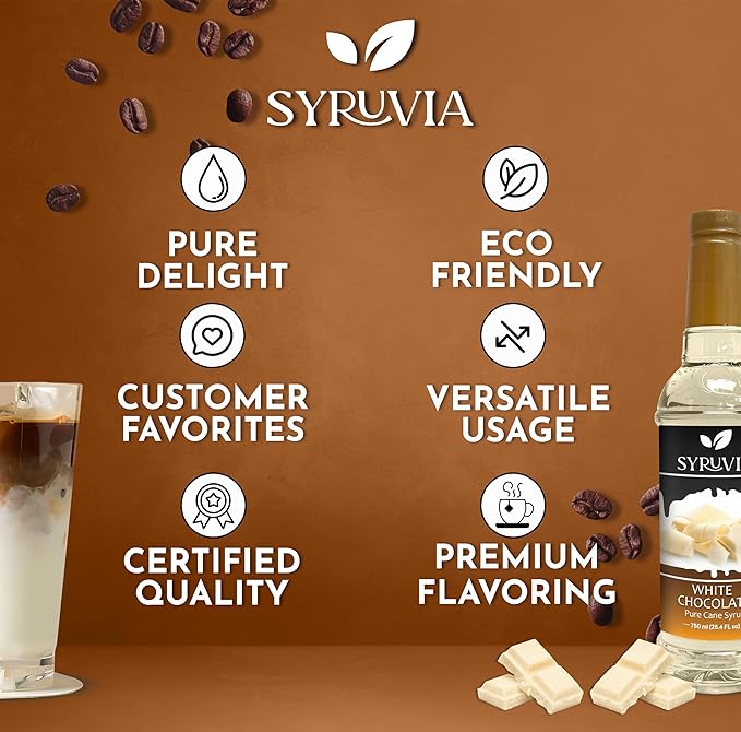Syruvia Coffee Syrup, White Chocolate Flavored Syrup for Drinks, Lattes, and Desserts – 25.4 fl oz, With Pump