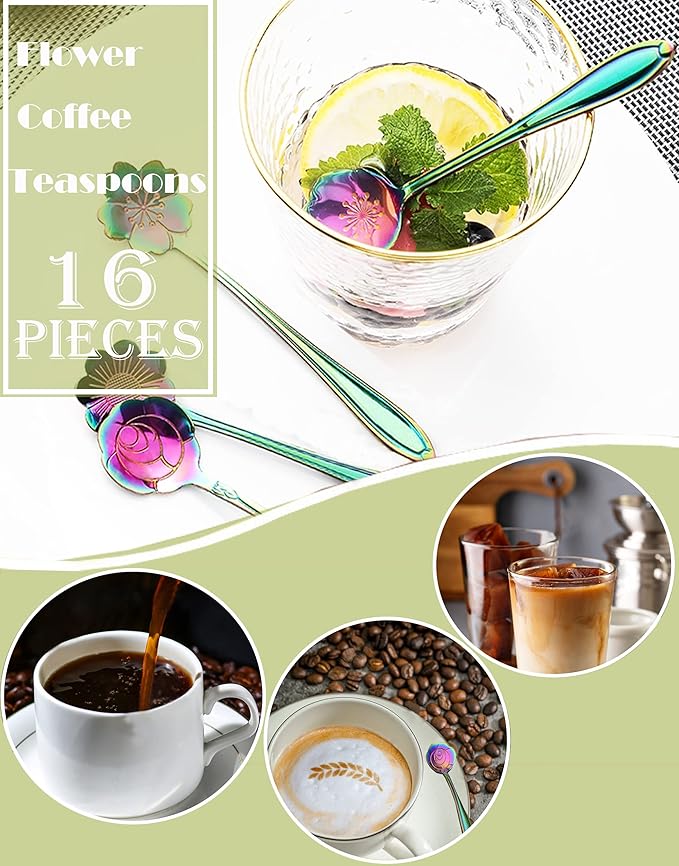16 Pcs Teaspoon Tea Spoons, ESRISE Stainless Steel Cute Coffee Spoon for Tea Party Decorations (Multi)