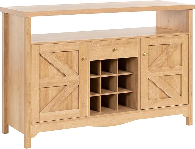 45.7” Wine Cabinet，Farmhouse Home Coffee Bar Sideboard Buffet Cabinet Liquor Storage with 9 Wine Racks & 2 Doors for Kitchen, Living and Dining Room (1, Natural)