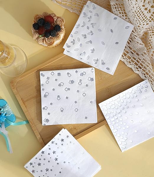 100 Silver Napkins - 4 Assorted Designs l 3-Ply Cocktail Napkins Paper Folded 5 x 5 Inches l Bar Napkins Disposable Party Napkin for Wedding Baby Shower Birthday (Assorted Pink)