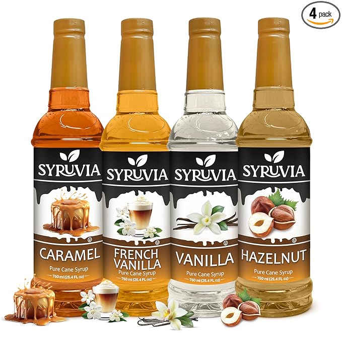 Syruvia Syrup Coffee Flavors Variety Pack: Caramel, French Vanilla, Vanilla & Hazelnut - 25.4 fl oz bottles - Elevate Your Coffee Experience! (Pack of 4)