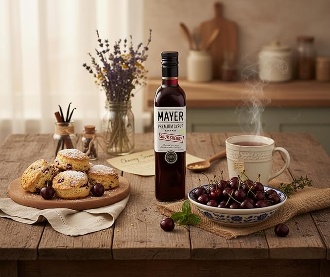 Mayer Hungarian Sour Cherry Syrup – Award-Winning Cherry syrup for drinks, All-Natural Cordial, Handcrafted with 100% Real Fruit, Vegan (16.9 oz Bottle) – Ideal Cocktail Mixer & Dessert Topping