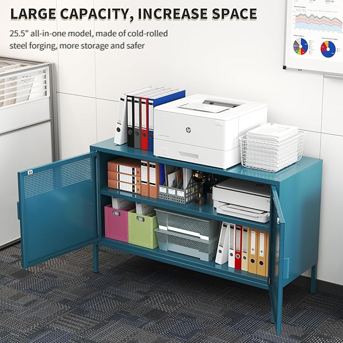 Blue Metal Storage Cabinet with 2 Doors - 25''H TV Stand, 2 Tier Locker with Adjustable Shelves,Multipurpose TV Cabinet for Office, Home, Living Room, Kitchen