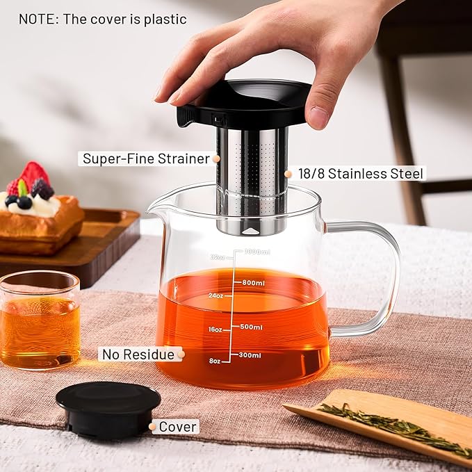 PARACITY Glass Teapot Stovetop 33oz/1000ml, Tea pot with Removable 18/8 Stainless Steel Infuser, Borosilicate Clear Tea Kettle, Teapot Blooming and Loose Leaf Tea Maker Tea Brewer for Camping