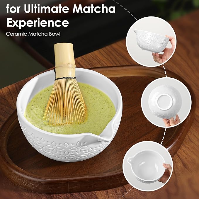 Matcha Whisk Set Matcha Kit - 7 Pcs Japanese Tea Set Includes Matcha Bowl with Spout,Bamboo Whisk with Ceramic Holder,Bamboo Scoop and Rest,Sifter,Tea Towel, for Ceremony Matcha Lovers Gift,White