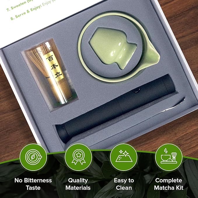 Complete Matcha Kit, 6-Piece Matcha Set with Matcha Bowl with Spout, Bamboo Whisk & Holder, Stainless Steel Spoon, Electric Frother, Matcha Whisk Set Starter Kit for Beginners & Tea Lovers