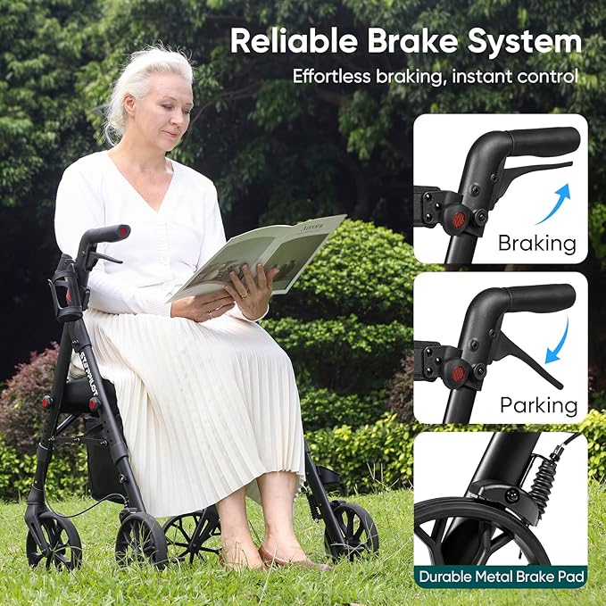 Foldable Aluminum Rollator Walkers with Cushion Seat for Senior, 16lbs Lightweight & 500 lbs Max Load, Adjustable 5-Level Seat Height & 6-Level Handles Height,8" Big Wheels,Dual Braking, Storage Bag