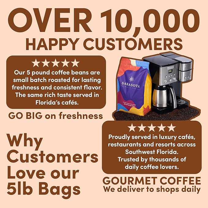 Sarasota Coffee Whole Bean Salted Caramel | Medium Roast Gourmet Flavored Coffee Beans | Low Acid, Mold Free, Specialty Grade Bulk Beans | 5lb (80 oz)
