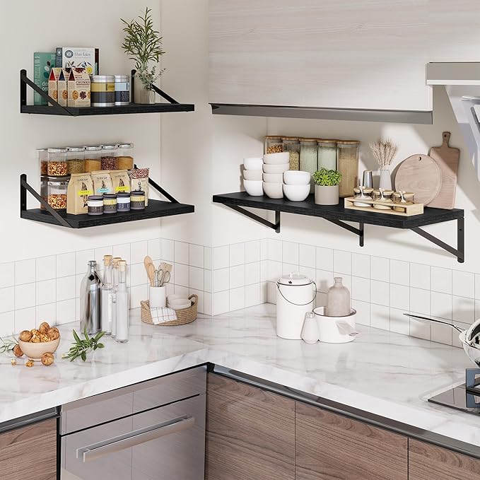 Deep Wall Shelves 30"W x 12"D Engineered Wood Floating Shelves for Wall, Sturdy Metal Bracket Bookshelves Home Decor Storage for Living Room Bedroom Bathroom Kitchen, Set of 2, Black Finish