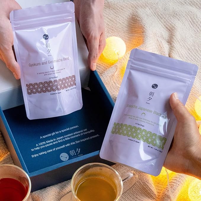 Asayu Japan Green - Timeless Brew Gift Set (Wakocha and Genmaicha with Gyokuro) 30 Tea Bags 100% Made in Japan, Japanese Black Tea and Roasted Brown Tea with Gyokuro Powder - Timeless Brew Japanese Tea Set